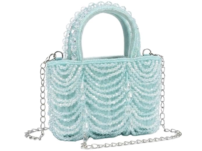 Crystal Beaded Mini Tote Bag, Pastel Blue, Chandelier Drape Design, Detachable Silver-Tone Chain Strap, Evening Crossbody - Image 2